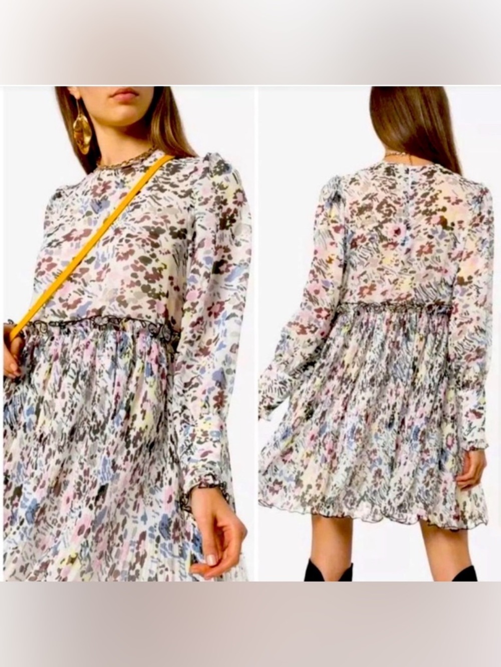 💕 GANNI Floral Pleated Georgette Mini Dress Egret Long Sleeve Size 34